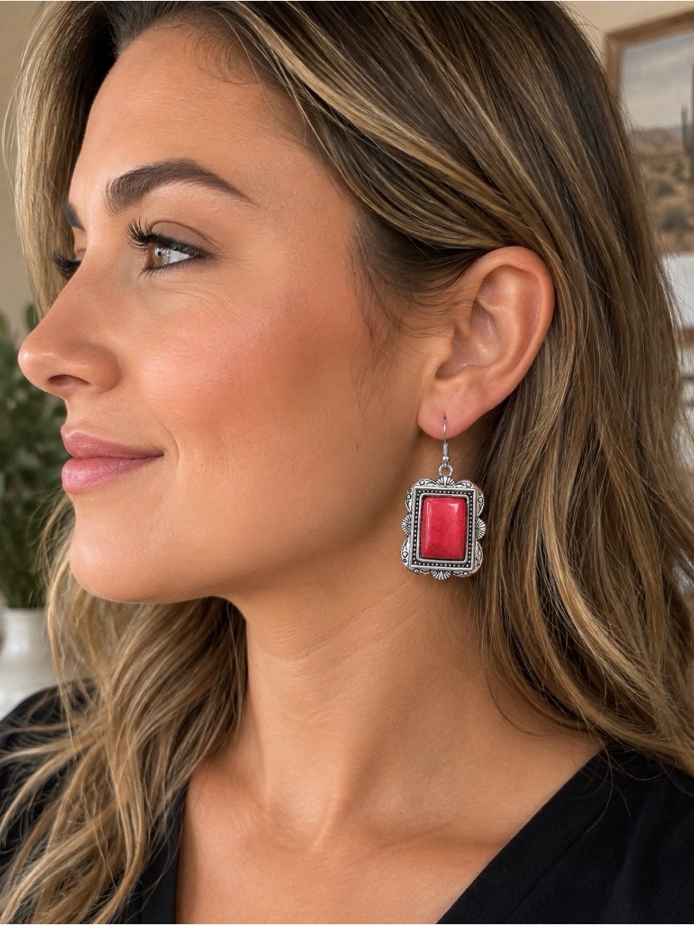 Western Style Red Stone Concho Earrings